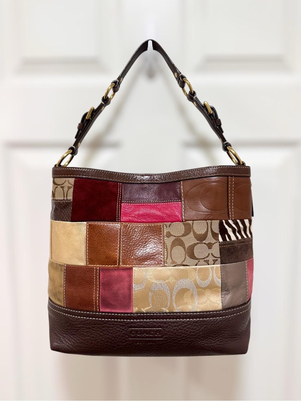 Coach Holiday Patchwork Tote Bag Brown Medium